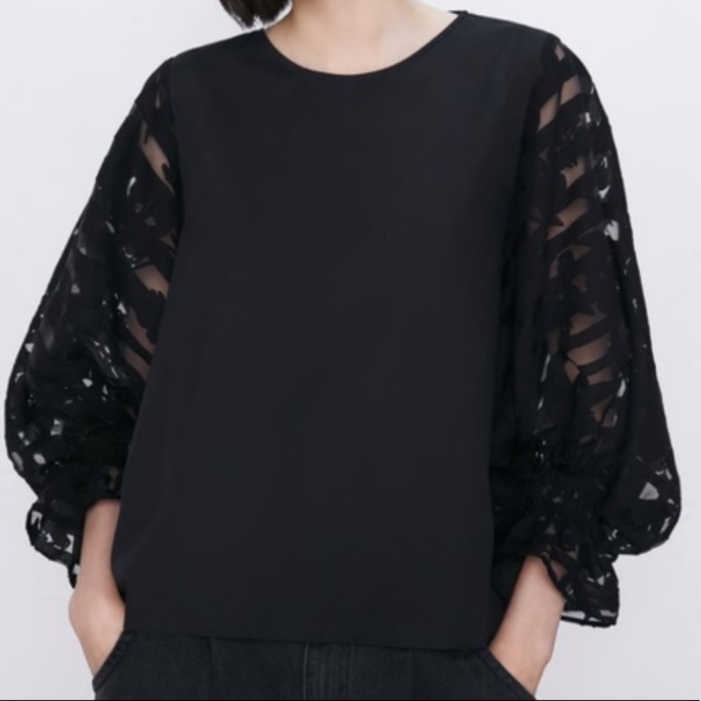 Zara Black Organza Long-sleeved Blouse Size L NWT